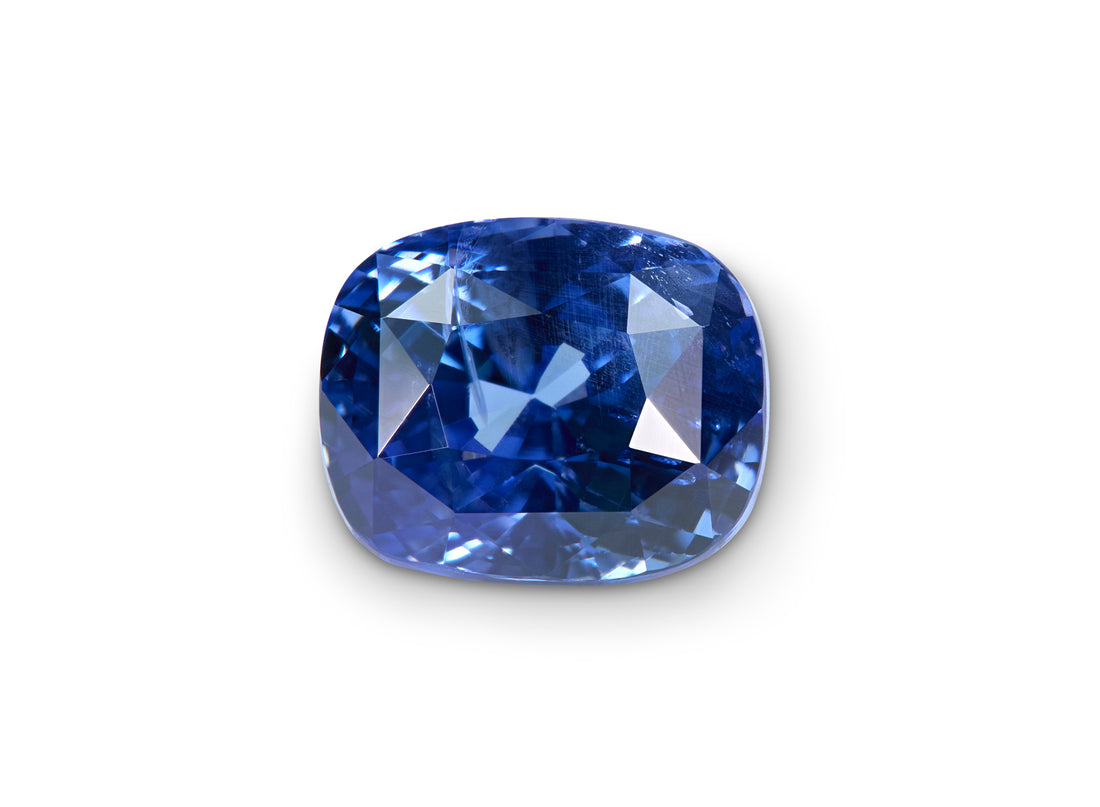 2.62ct Cornflower Blue Sapphire, Cushion Cut, on white background to show clarity.