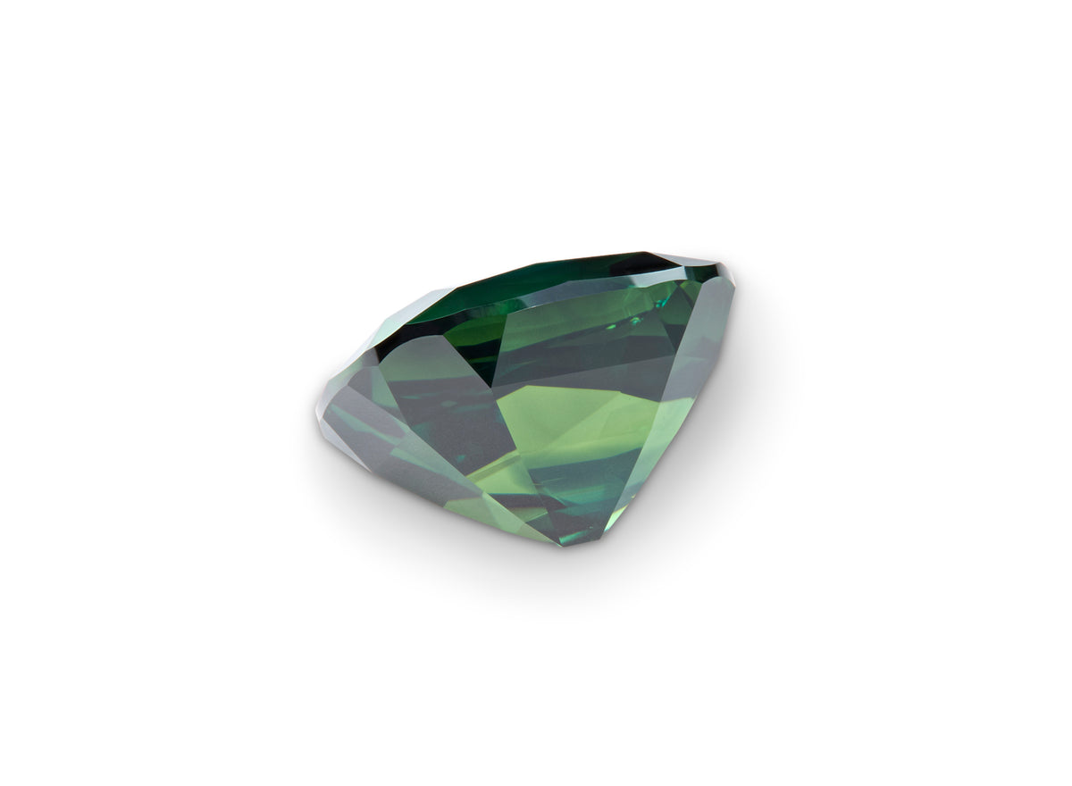 2.72ct Green Sapphire Cushion Cut Australia Origin on white background to show clarity