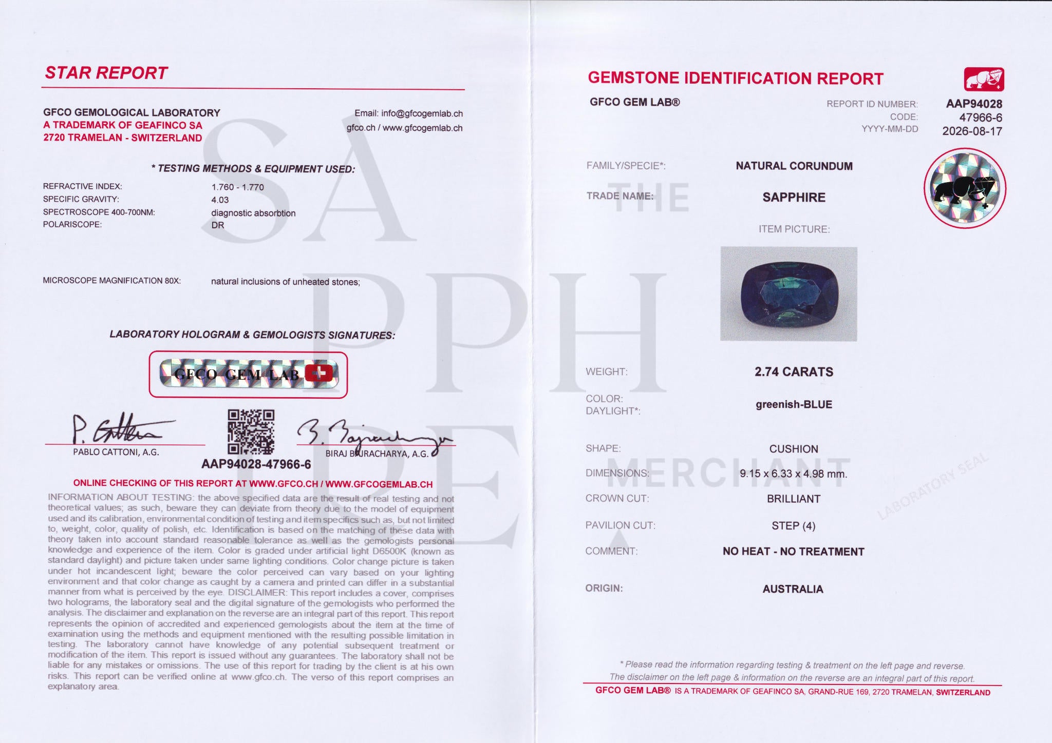 2.74ct Greenish-Blue Australian Sapphire Unheated