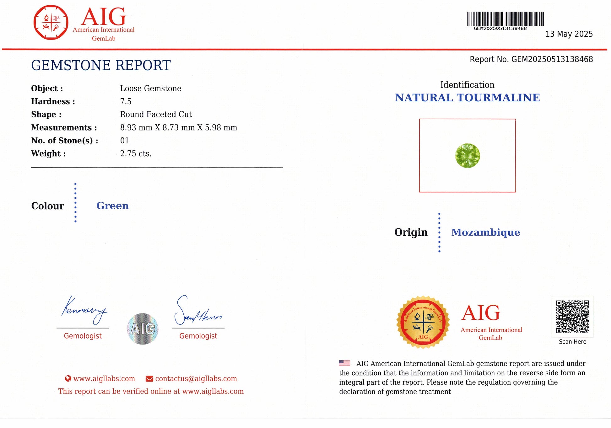 2.75ct Green Congo Tourmaline - The Sapphire Merchant
