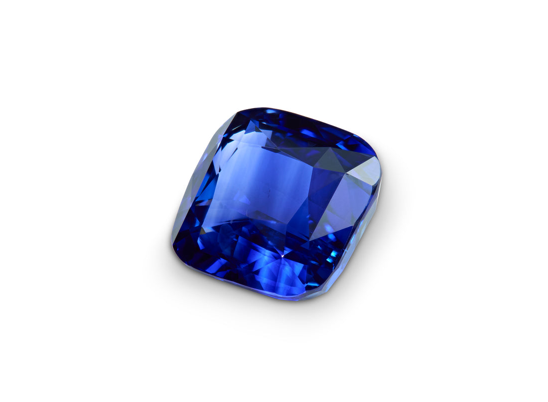 3.13ct Royal Blue Sapphire Square Cushion on white background to show clarity.