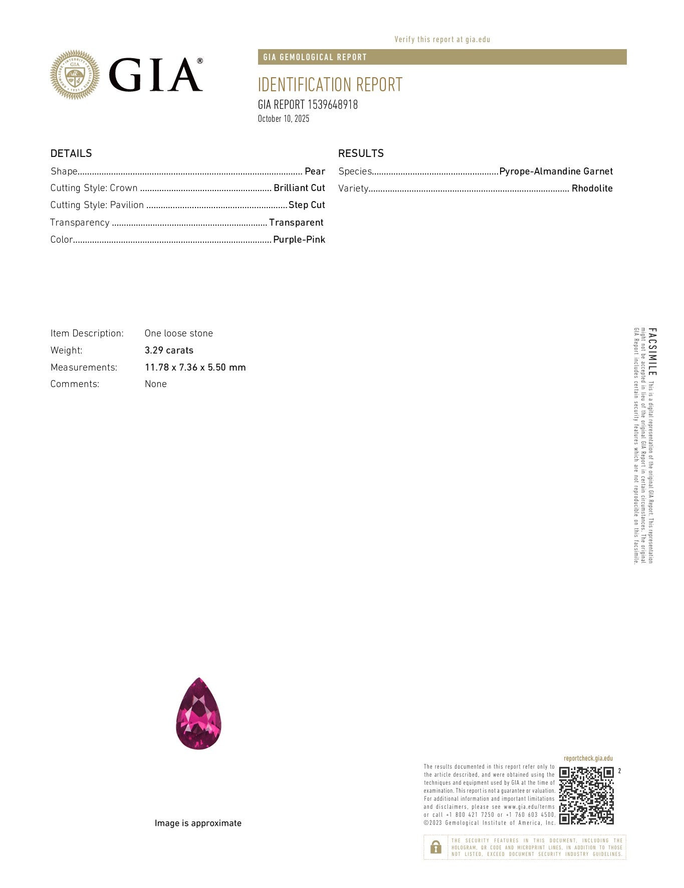 3.29ct Rhodolite Garnet with GIA
