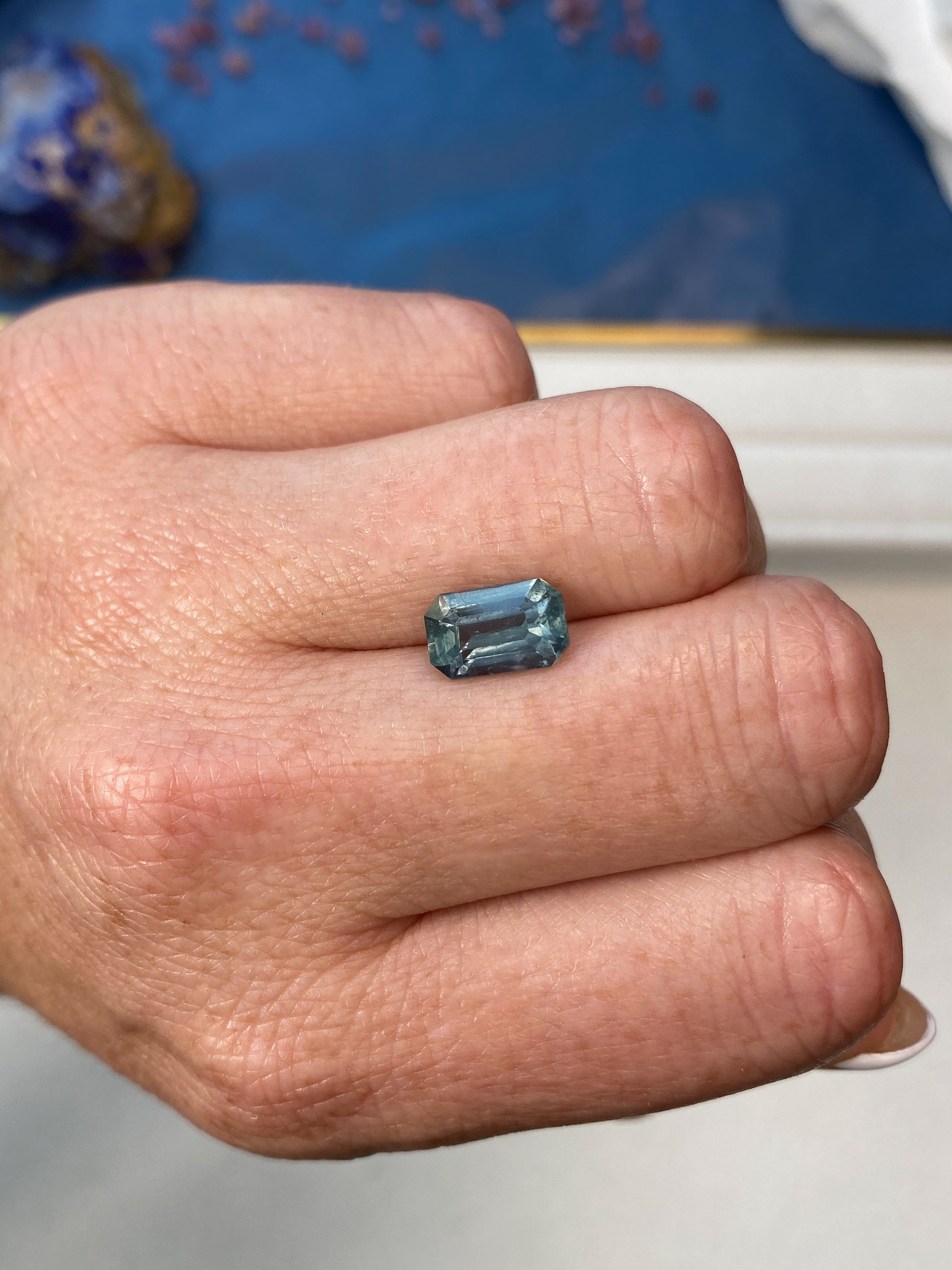 3.46ct Grey Sapphire Emerald Cut On Hand