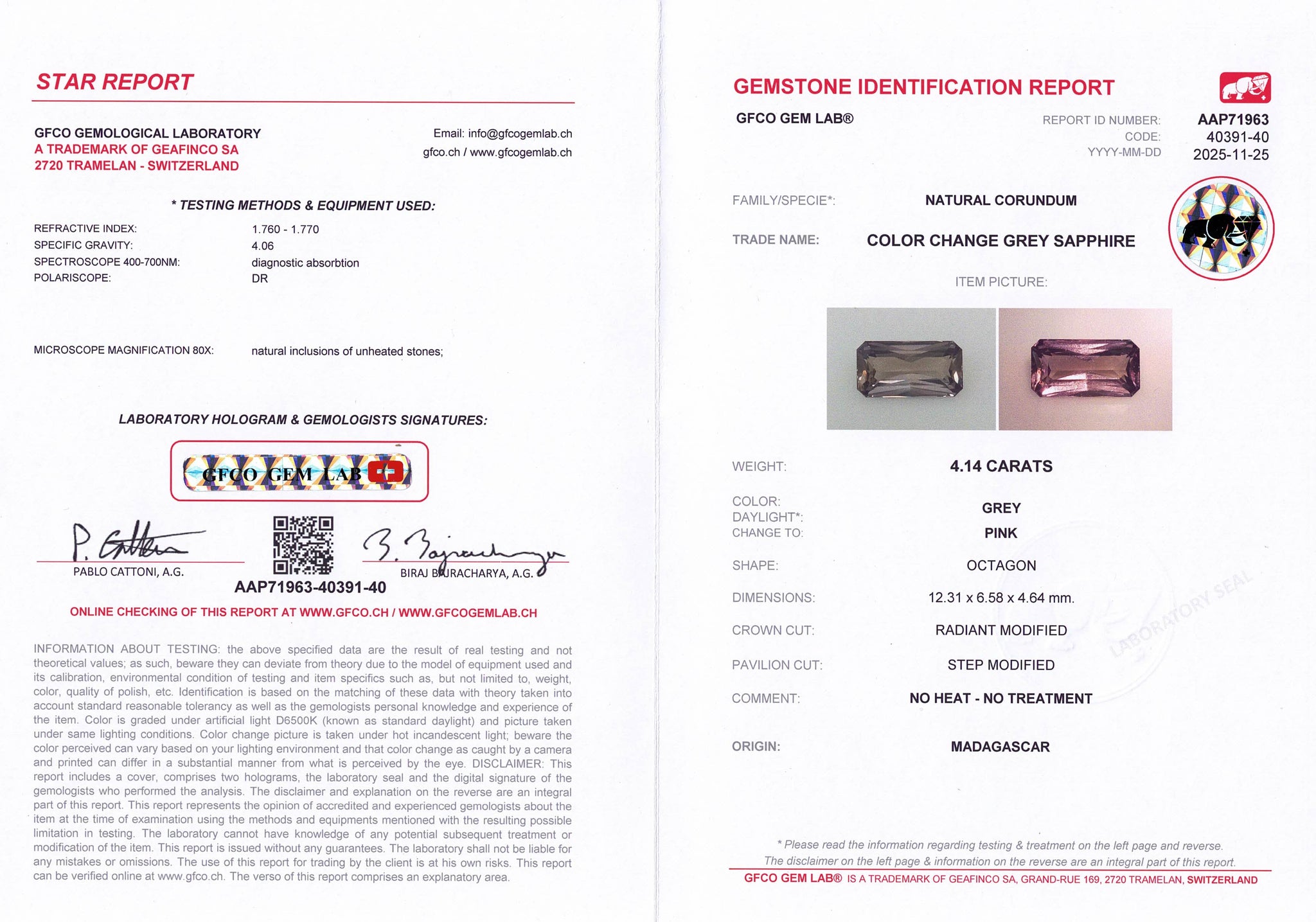 4.14ct Grey Colour Change Sapphire Unheated