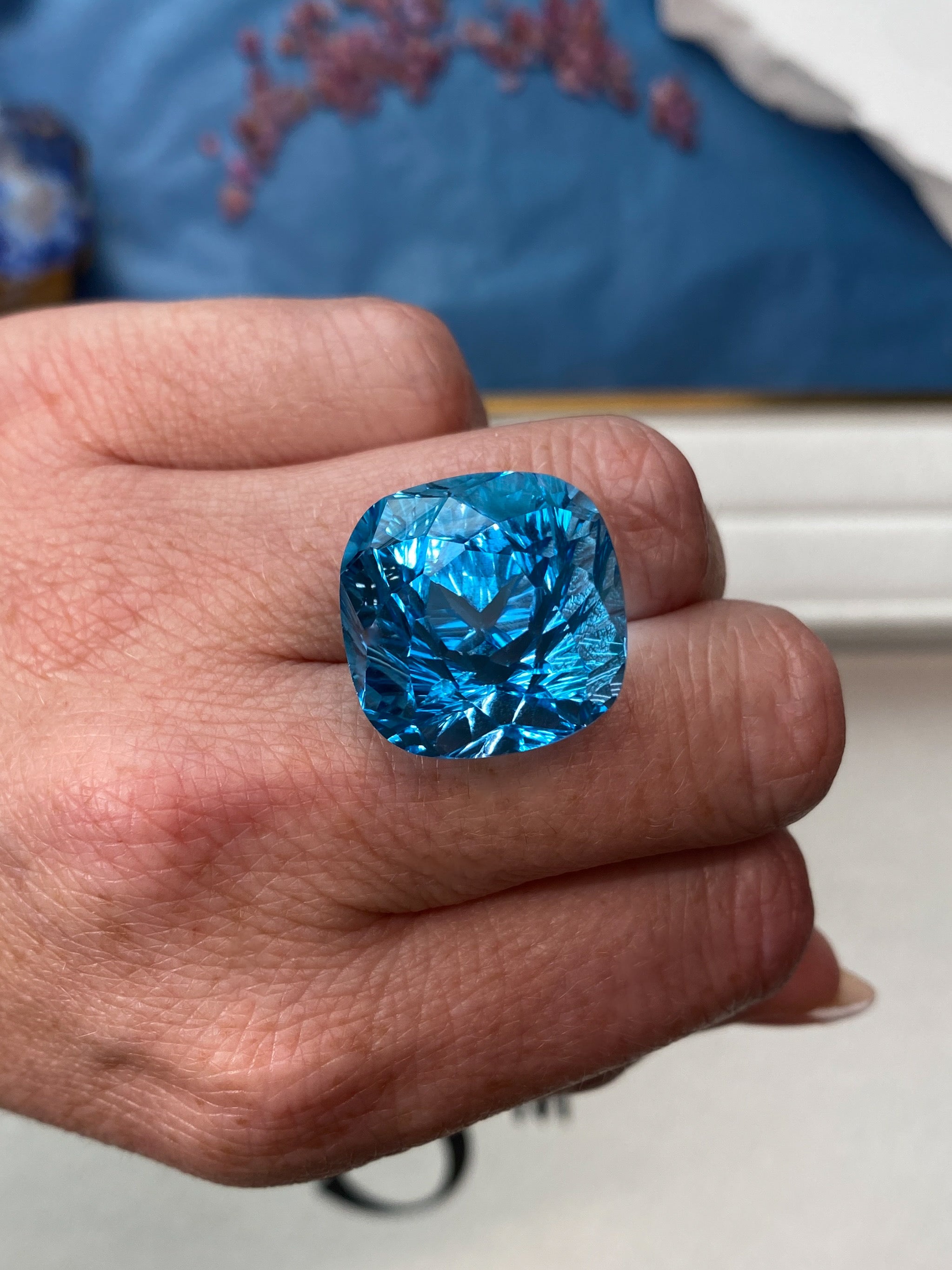 53.85ct Swiss Blue Topaz Custom Cushion Cut